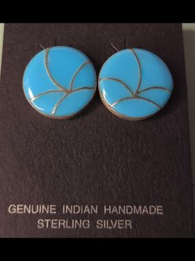 Sterling Silver Turquoise Inlay Round Stud Earrings C Hallmarked